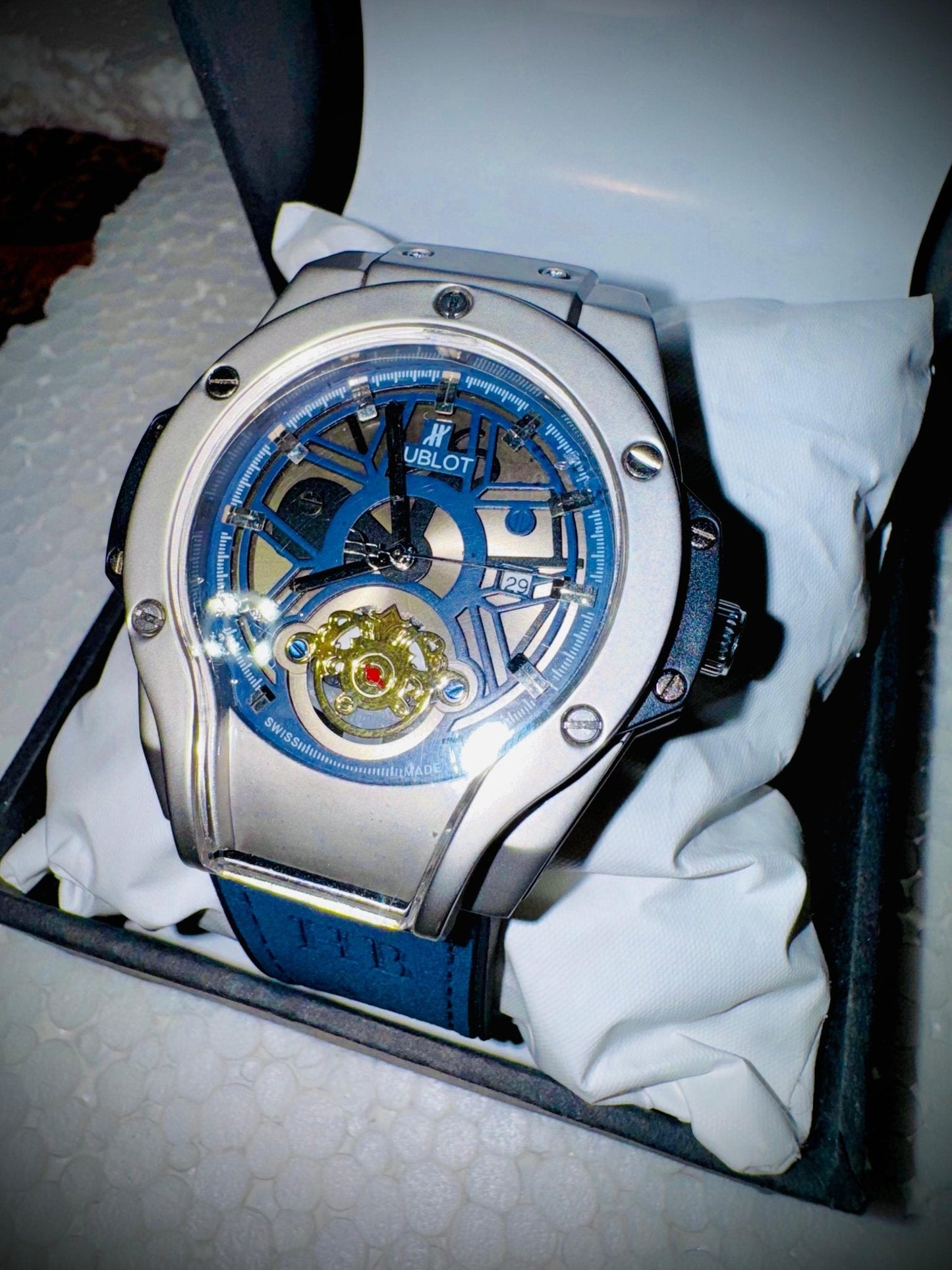 Hublot Skeleton Dial Watch with Leather Strap